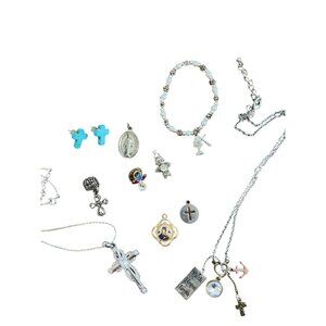 Lot of 11 Christian Themed Jewelry Cross Angels Charms Necklace Turquoise Earrin